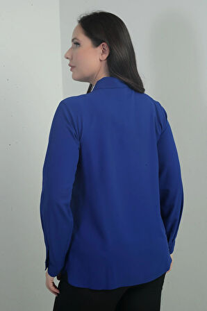 Kadın V Yaka Fularlı Krep Saten Büyük Beden Bluz