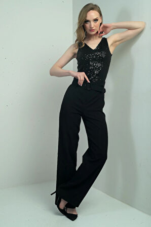 Kadın Yanları Pul Şeritli Beli Kemerli Bol Paça Pantolon