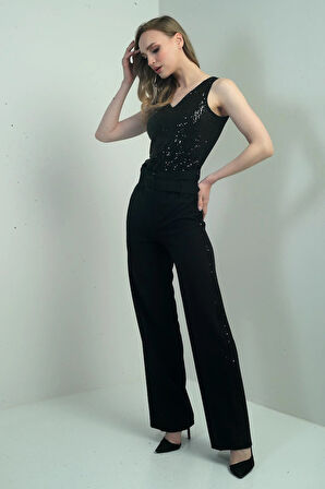 Kadın Yanları Pul Şeritli Beli Kemerli Bol Paça Pantolon