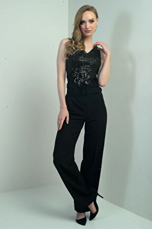 Kadın Yanları Pul Şeritli Beli Kemerli Bol Paça Pantolon