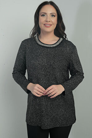 Kadın Taş Detaylı Yuvarlak Yaka Simli Likralı Büyük Beden Bluz