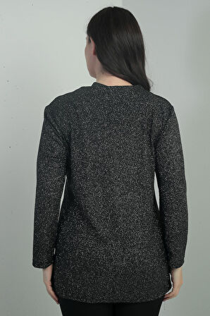Kadın Taş Detaylı Yuvarlak Yaka Simli Likralı Büyük Beden Bluz