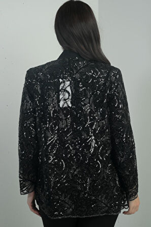 Kadın Pullu Tül Ceket Likralı Uzun Kol Bluz Büyük Beden 2'li Takım