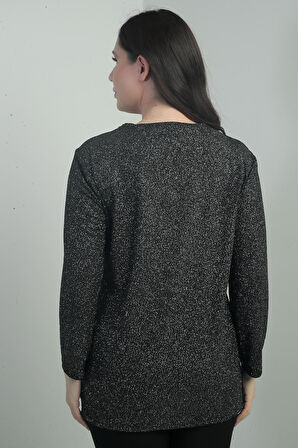 Kadın İnci-Taş Detaylı V Yaka Likralı Simli Büyük Beden Bluz