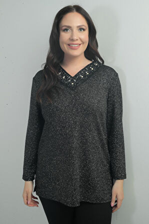 Kadın İnci-Taş Detaylı V Yaka Likralı Simli Büyük Beden Bluz