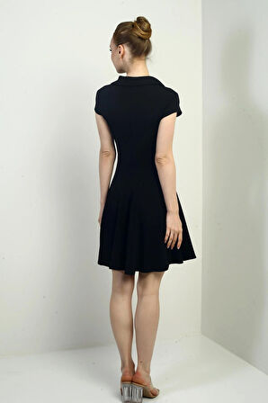 Kadın Polo Yaka Ay Kollu Likralı Kloş Kısa Elbise