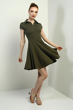 Kadın Polo Yaka Ay Kollu Likralı Kloş Kısa Elbise