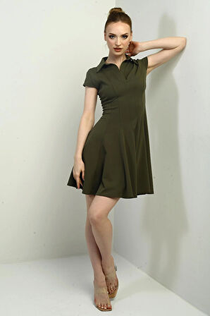 Kadın Polo Yaka Ay Kollu Likralı Kloş Kısa Elbise