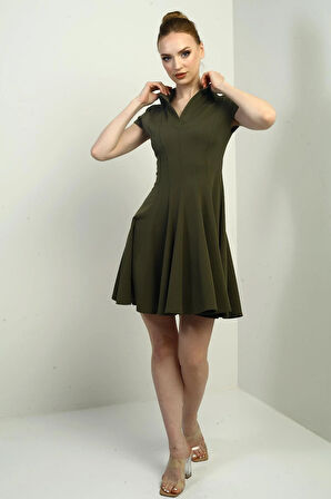 Kadın Polo Yaka Ay Kollu Likralı Kloş Kısa Elbise