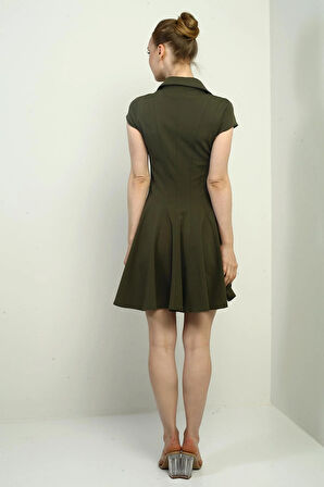 Kadın Polo Yaka Ay Kollu Likralı Kloş Kısa Elbise