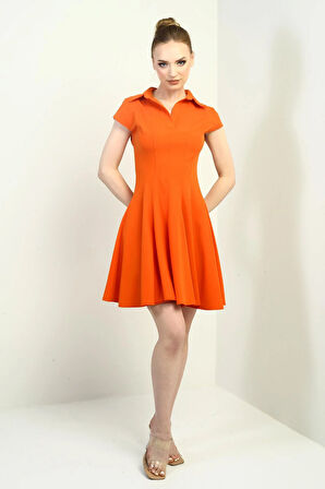 Kadın Polo Yaka Ay Kollu Likralı Kloş Kısa Elbise