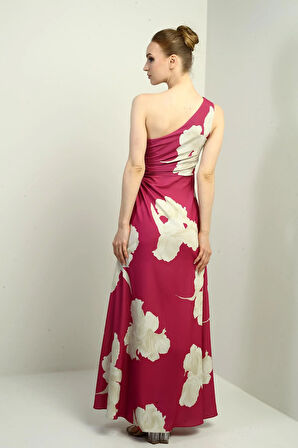 Kadın Tek Omuz Yandan Pencereli Büyük Yaprak Desenli Uzun Krep Saten Elbise