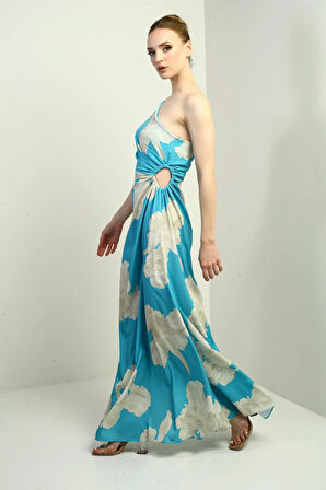 Kadın Tek Omuz Yandan Pencereli Büyük Yaprak Desenli Uzun Krep Saten Elbise