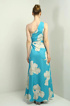 Kadın Tek Omuz Yandan Pencereli Büyük Yaprak Desenli Uzun Krep Saten Elbise