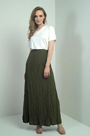 Kadın Beli Lastikli Kırışık Uzun Etek