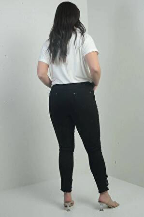 Kadın Dar Paça Taş Ve Püskül Detaylı Likralı Büyük Beden Kanvas Pantolon