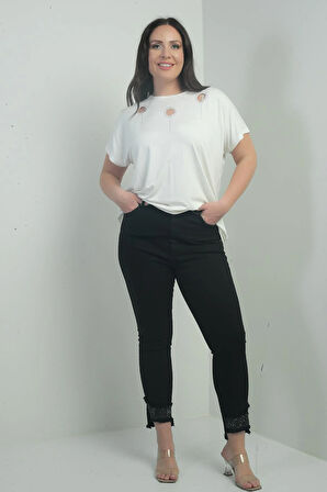 Kadın Dar Paça Taş Ve Püskül Detaylı Likralı Büyük Beden Kanvas Pantolon