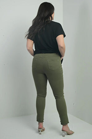 Kadın Dar Paça Taş Ve Püskül Detaylı Likralı Büyük Beden Kanvas Pantolon