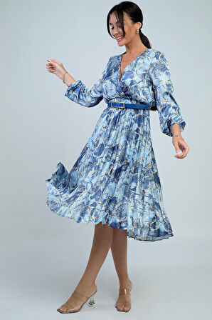 Kadın Kruvaze Yaka Beli Kemerli Astarlı Zincir Desen Piliseli Midi Saten Elbise