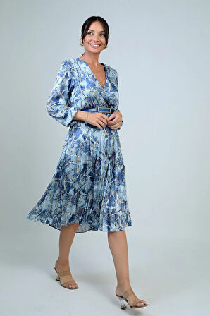 Kadın Kruvaze Yaka Beli Kemerli Astarlı Zincir Desen Piliseli Midi Saten Elbise