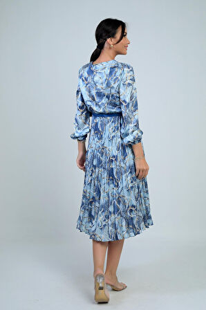 Kadın Kruvaze Yaka Beli Kemerli Astarlı Zincir Desen Piliseli Midi Saten Elbise