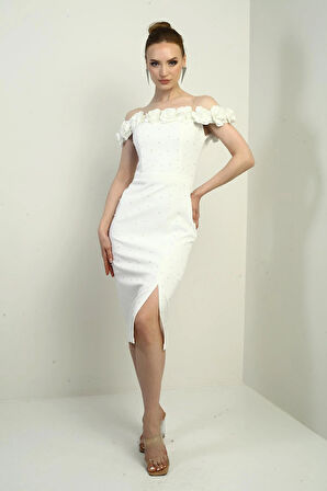 Kadın 3 Boyut Çiçekli Madonna Yaka Astarlı Kendinden Telalı Boncuklu Midi Elbise