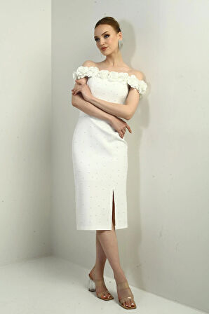 Kadın 3 Boyut Çiçekli Madonna Yaka Astarlı Kendinden Telalı Boncuklu Midi Elbise