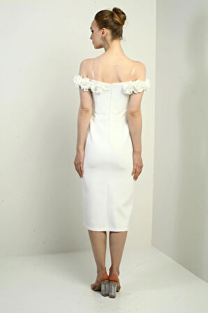 Kadın 3 Boyut Çiçekli Madonna Yaka Astarlı Kendinden Telalı Boncuklu Midi Elbise