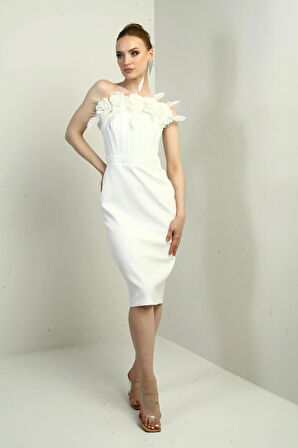 Kadın 3 Boyut Çiçek Detaylı Balen Korseli Midi Elbise