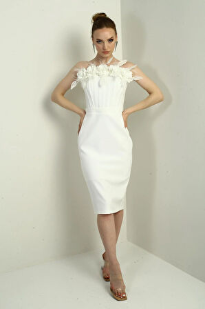 Kadın 3 Boyut Çiçek Detaylı Balen Korseli Midi Elbise