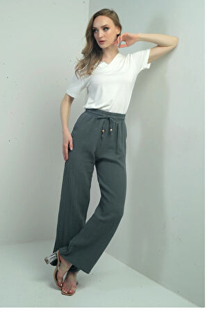 Kadın Müslin Palazzo Beli Lastikli Cepli Pantolon