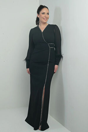 Kadın Kolları Şifon Tüy Detaylı Taşlı B.B Uzun Elbise