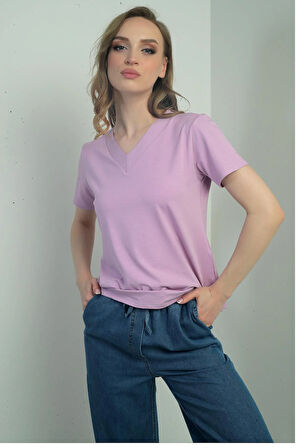 Kadın V Yaka Yırtmaçlı Kısa Kol Bluz