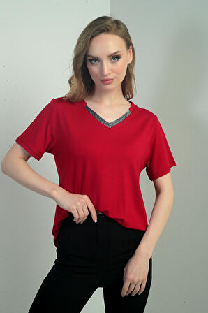Kadın Yakası Simli V Yaka Kısa Kol Bluz