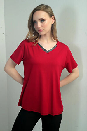 Kadın Yakası Simli V Yaka Kısa Kol Bluz
