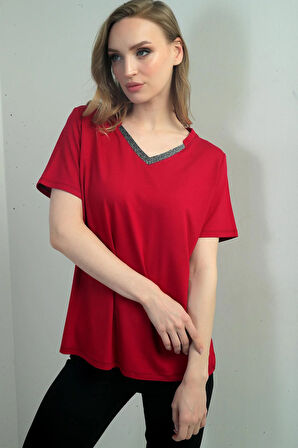 Kadın Yakası Simli V Yaka Kısa Kol Bluz