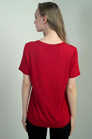 Kadın Yakası Simli V Yaka Kısa Kol Bluz