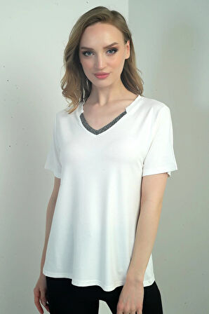 Kadın Yakası Simli V Yaka Kısa Kol Bluz