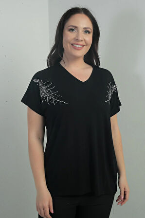 Kadın Omuzu Taş Baskılı V Yaka Yarasa Kol B.B. Bluz