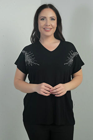 Kadın Omuzu Taş Baskılı V Yaka Yarasa Kol B.B. Bluz