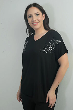 Kadın Omuzu Taş Baskılı V Yaka Yarasa Kol B.B. Bluz