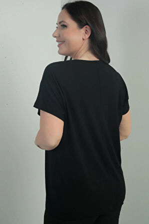 Kadın Omuzu Taş Baskılı V Yaka Yarasa Kol B.B. Bluz