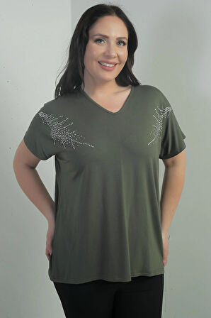 Kadın Omuzu Taş Baskılı V Yaka Yarasa Kol B.B. Bluz
