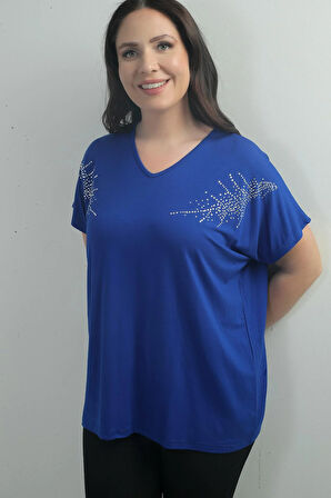 Kadın Omuzu Taş Baskılı V Yaka Yarasa Kol B.B. Bluz