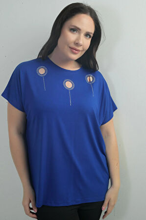 Kadın Omuzu Taş Baskılı Bisiklet Yaka Yarasa Kol B.B. Bluz