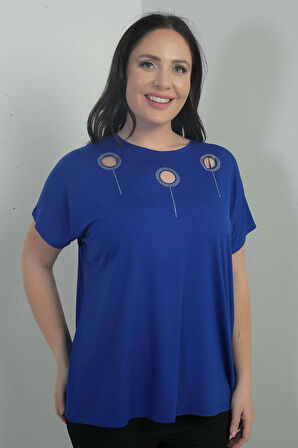 Kadın Omuzu Taş Baskılı Bisiklet Yaka Yarasa Kol B.B. Bluz