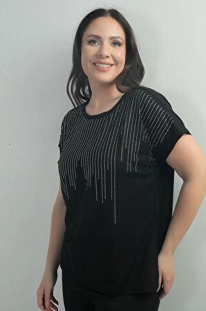 Kadın Önü Şelale Taş Baskılı Bisiklet Yaka B.B. Bluz