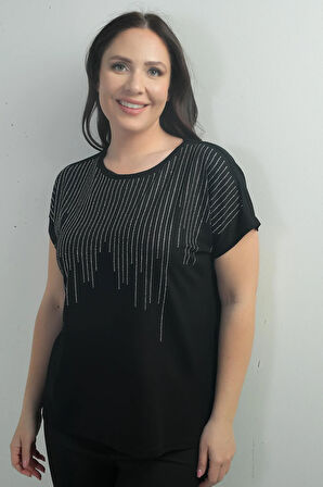 Kadın Önü Şelale Taş Baskılı Bisiklet Yaka B.B. Bluz