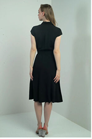 Kadın Önü Düğmeli Beli Kuşaklı Gömlek Yaka Kısa Kol Elbise