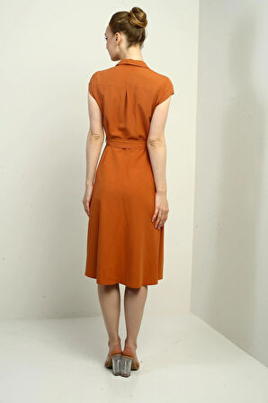 Kadın Önü Düğmeli Beli Kuşaklı Gömlek Yaka Kısa Kol Elbise